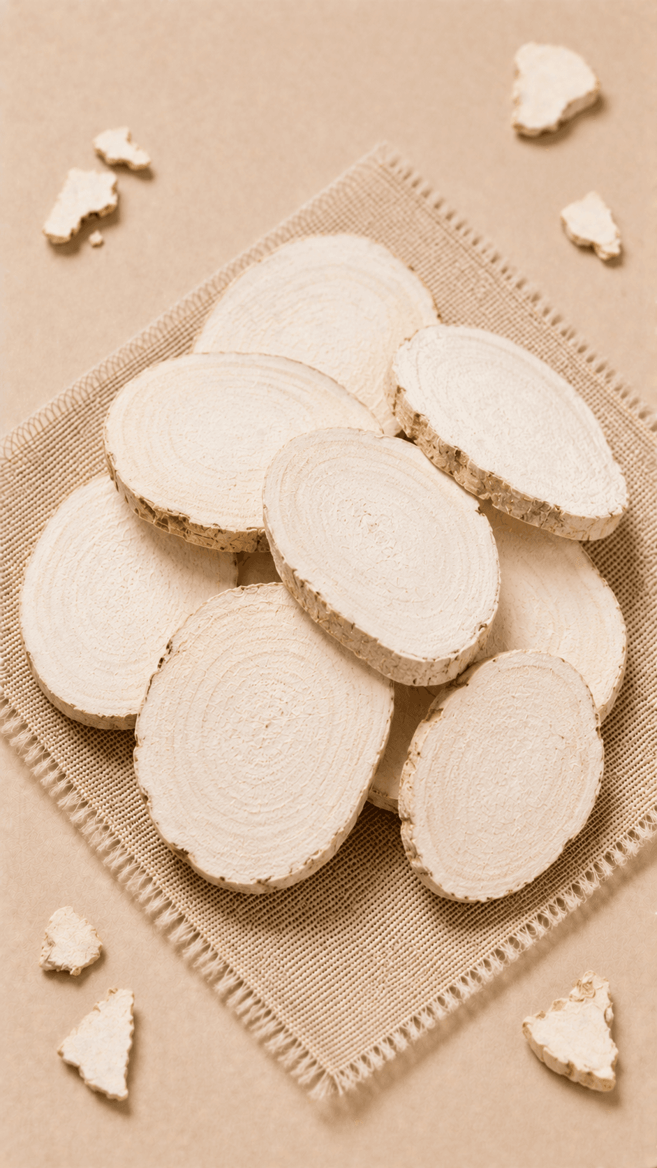 Photo of dried alisma tuber slices, pale and starchy