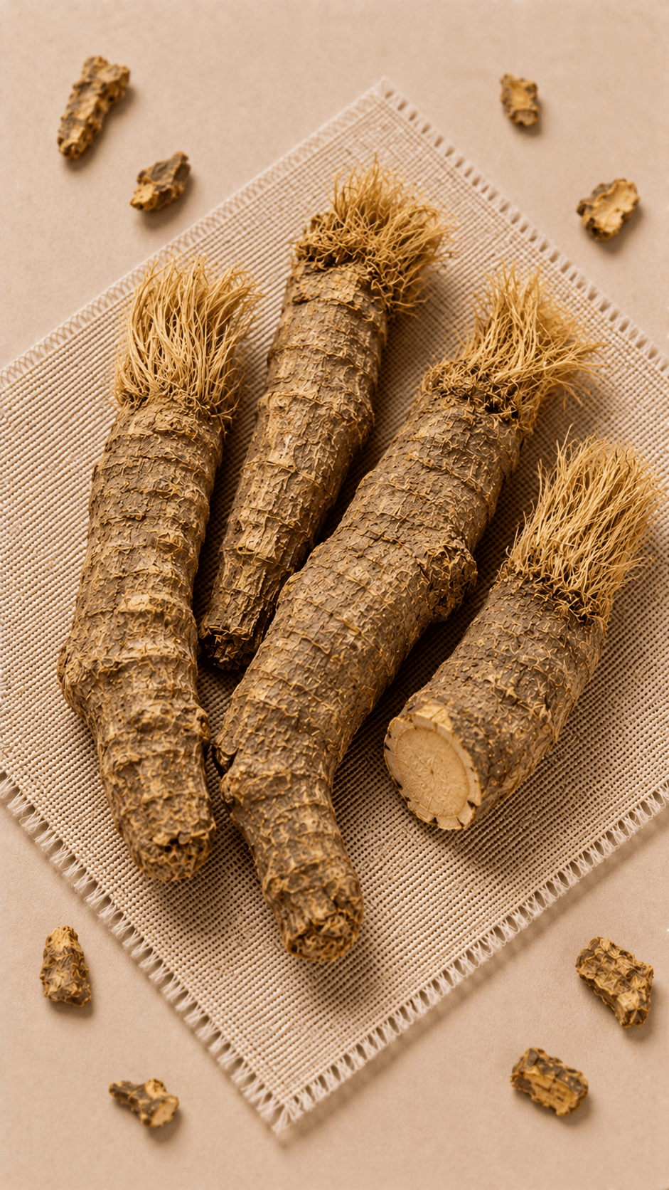 Photo of dried anemarrhena rhizome, yellow-tan and slightly hairy