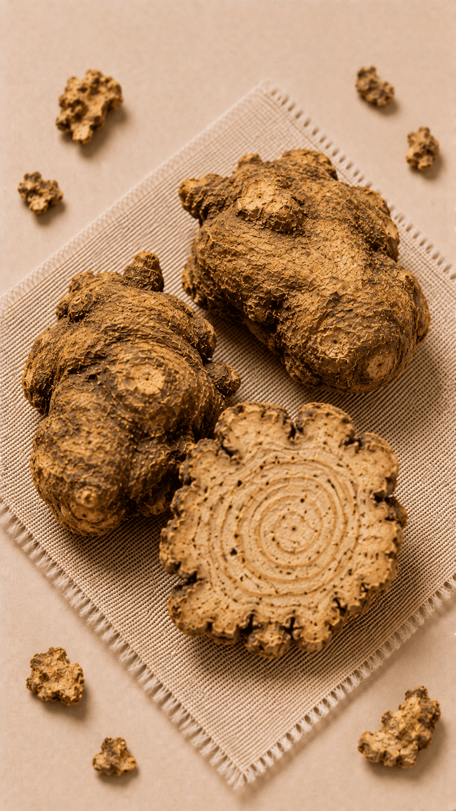 Photo of dried chuanxiong rhizome, pale tan with concentric rings