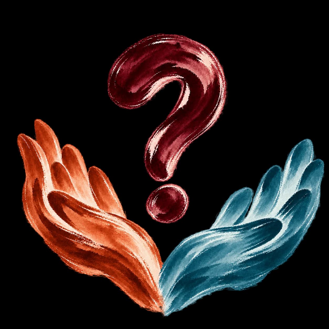 Watercolor of a warm hand and a cool hand reaching toward a maroon question mark